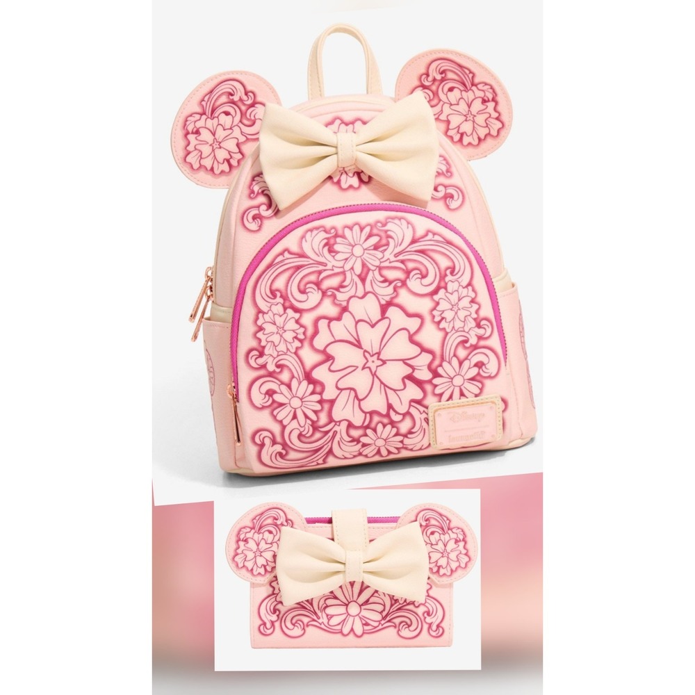 Loungefly Disney Minnie Mouse Pink Embossed Floral Ears Mini Backpack & WALLET